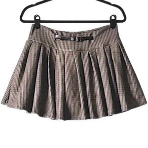 Plaid Pleated Skater Skort M Mini Skirt Shorts Belted Tan Gray Cream